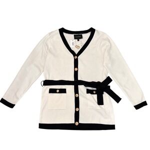 Jealous Tomato Diana Cardigan Ivory Black Gold Button Belted Knit Sweater M NEW